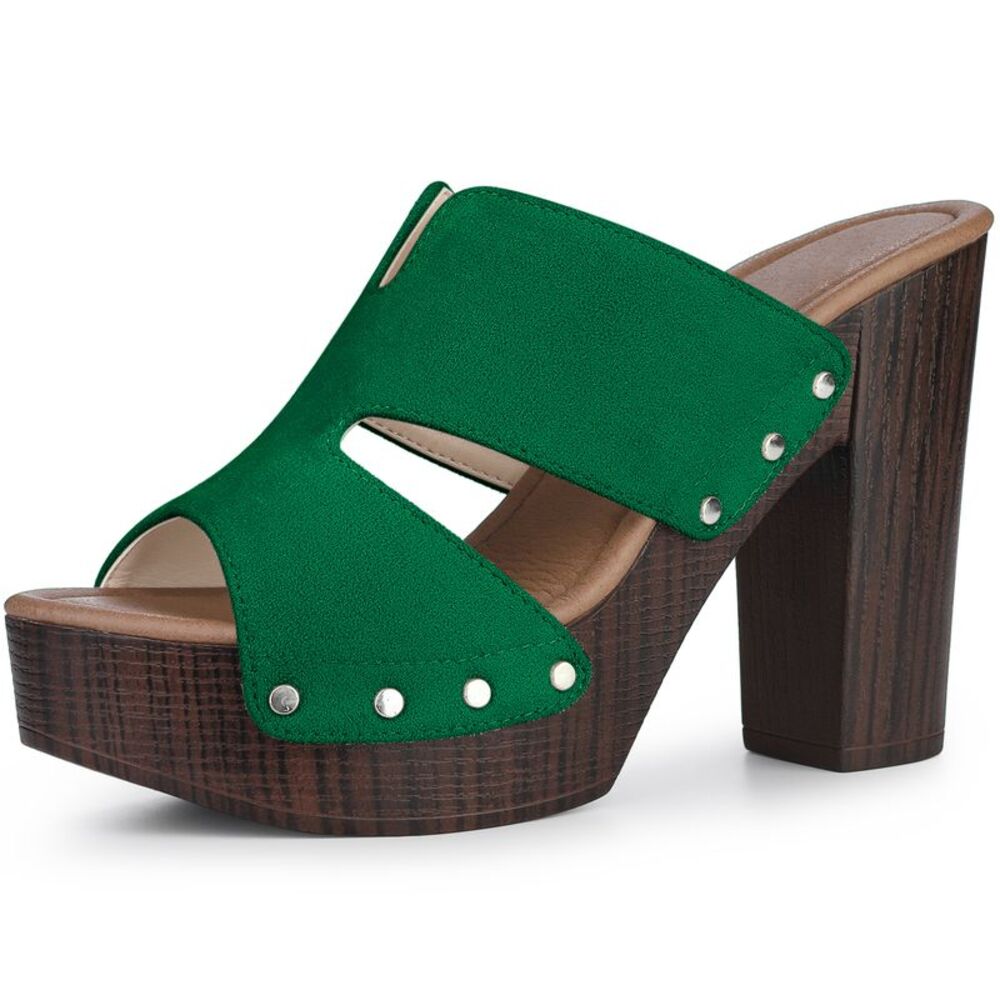 Platform Slip on Green Block High Heels Slides Sandals